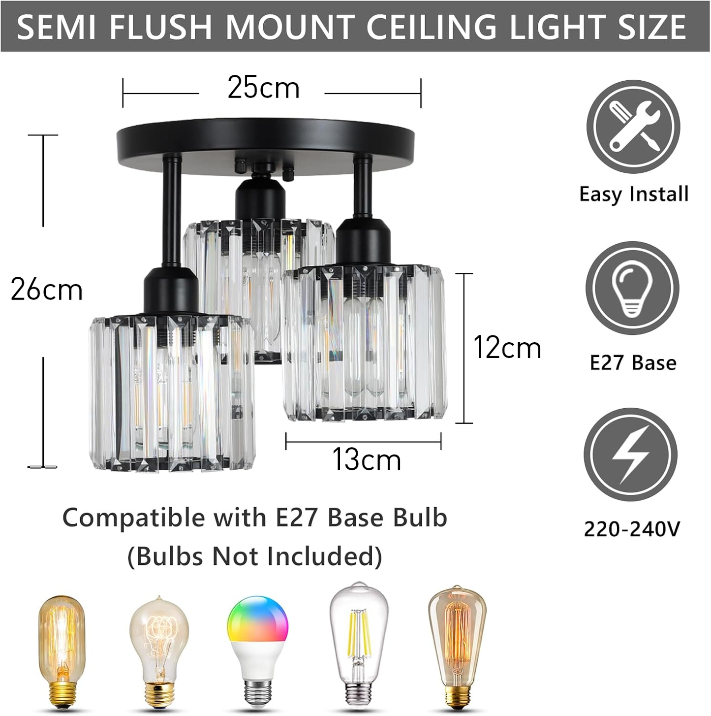 Elegant Modern Crystal Semi-Flush Ceiling Lights